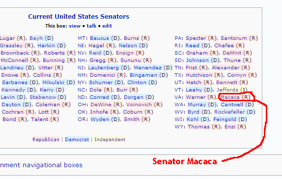 Fun with Wikipedia - Senator Macaca