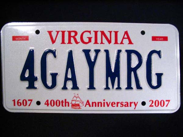 Virginia license plate no. 4GAYMRG